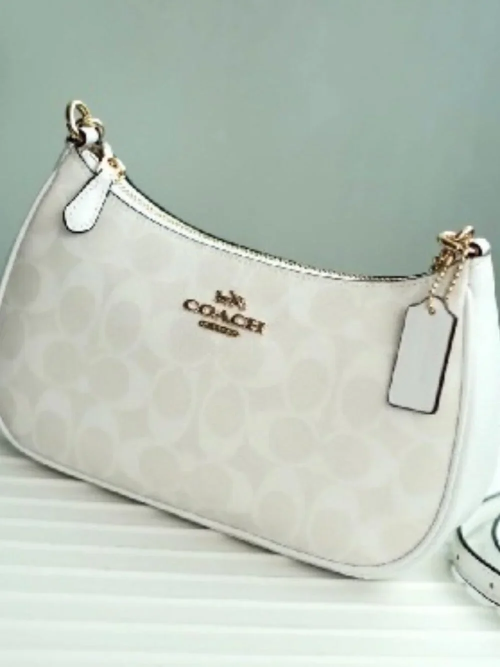 Coach Teri 2Way Shoulder Bag CA548 Signature Canvas White Smooth Leather Outlet!